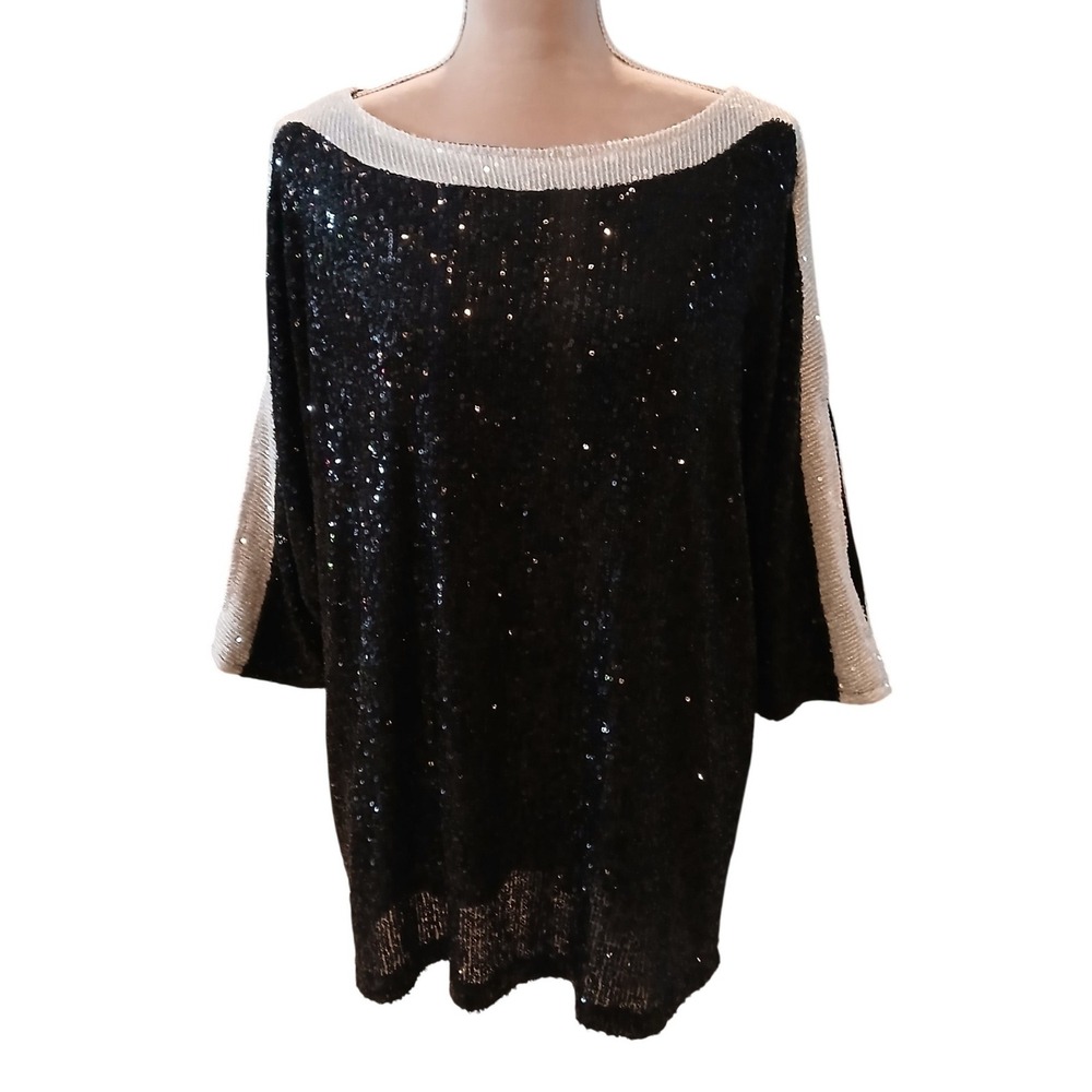 Cable & Gauge 1x Sequin Top Black White Boat Neck Split Sleeve Party Blouse